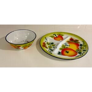 Vintage Enamel Bowl and Divided Plate w/ Green & Orange Fruit Motif from 1950s